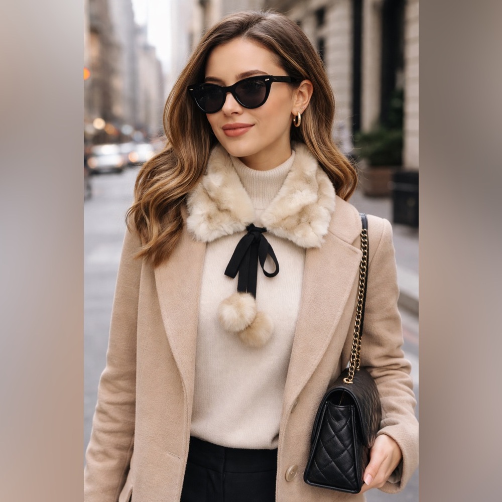 KATE SPADE Beige with Black Faux Mink Fur Pom Pom Tie Necklace Collar NEW